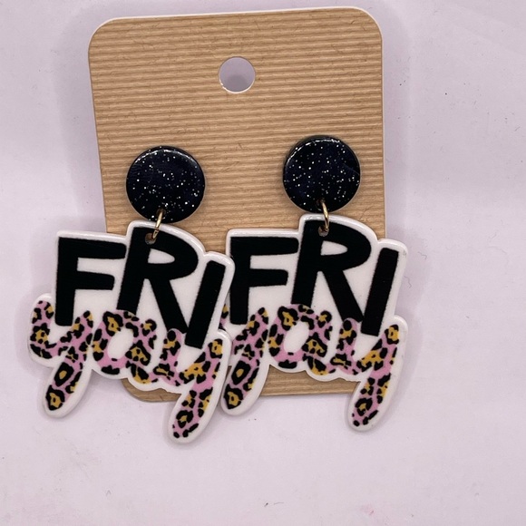 Black and Leopard Print FRIDAY Earrings acrylic - Picture 2 of 4